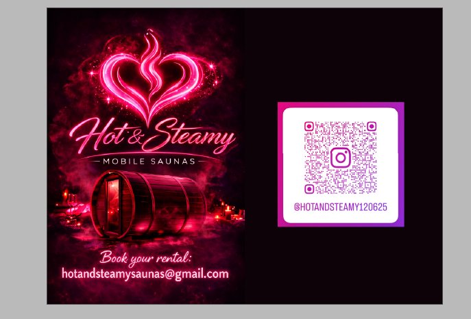 Hot & Steamy Mobile Saunas card with an Instagram QR code — scan to follow @hotandsteamy120625 on Instagram