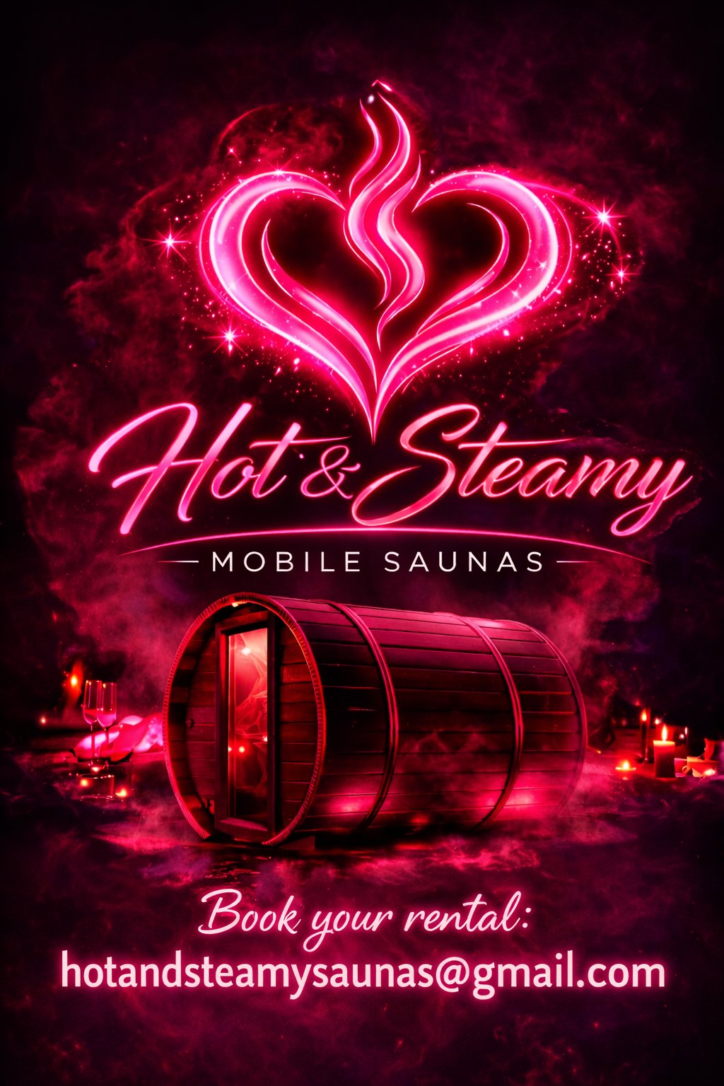 Hot & Steamy Mobile Saunas poster — a wooden barrel sauna glowing pink under a neon heart, with the booking email hotandsteamysaunas@gmail.com